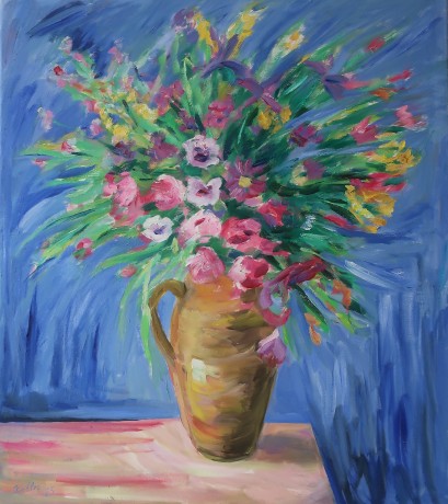 Velká kytice na modrém pozadí (90x80 cm)