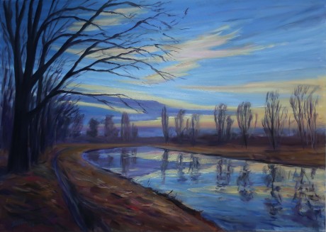 Mirroring in the evening Elbe (90x130 cm)