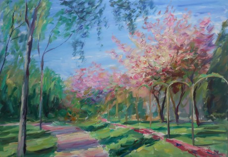 Blossoming trees in the park (90x130 cm)