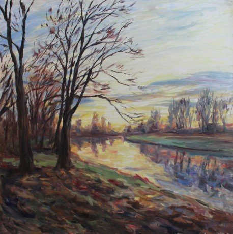 Autumn silence by the river (120x120 cm)