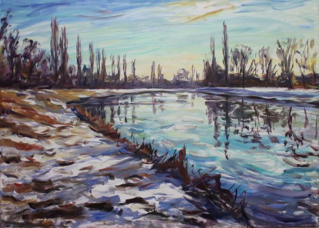 Remnants of snow at the Elbe (100x140 cm)