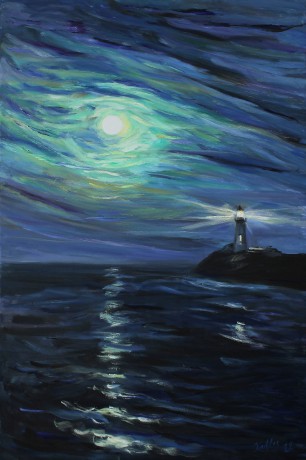 A lighthouse and the Moon (80x120 cm)