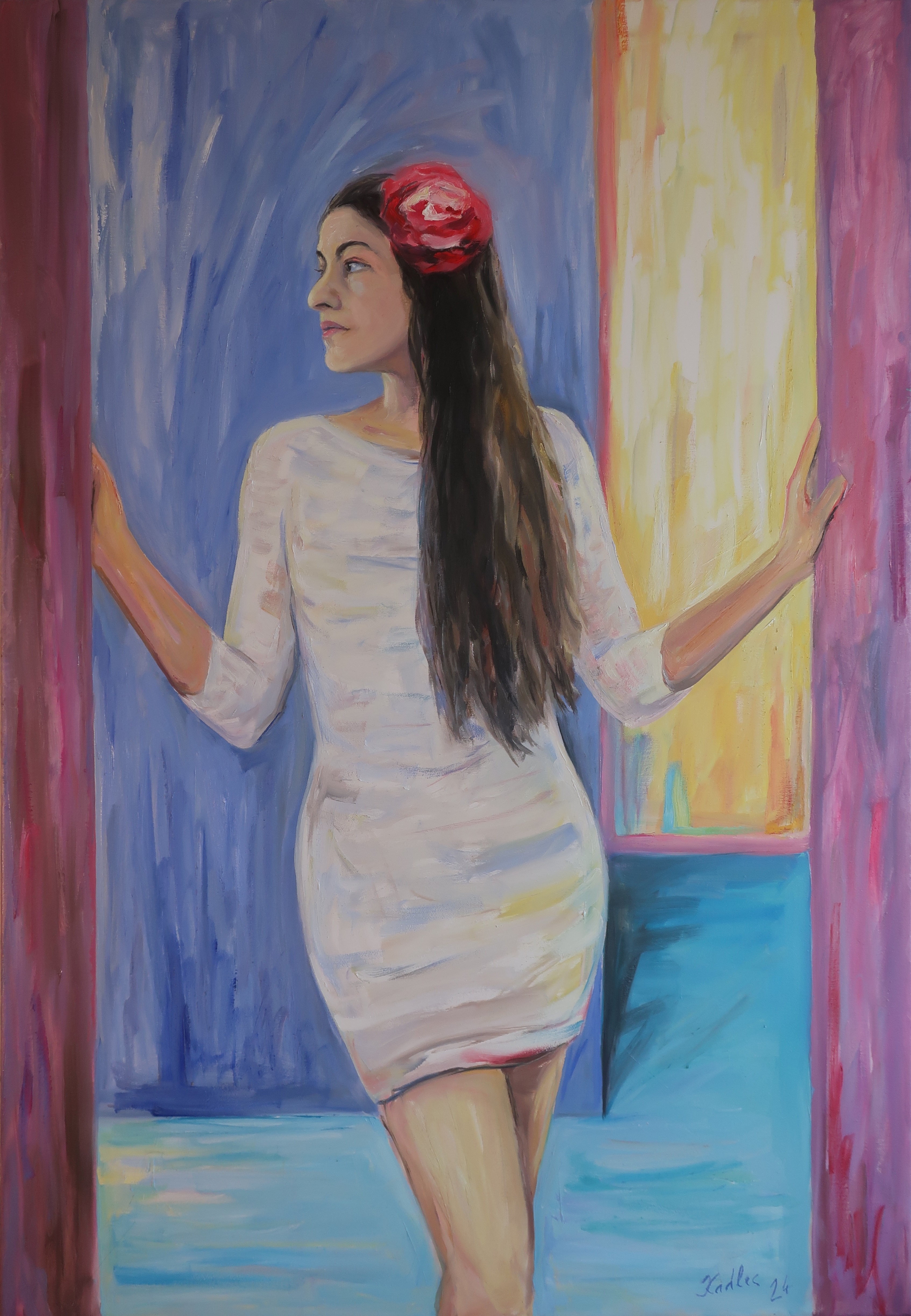 Dívka s růží ve vlasech (130x90 cm)