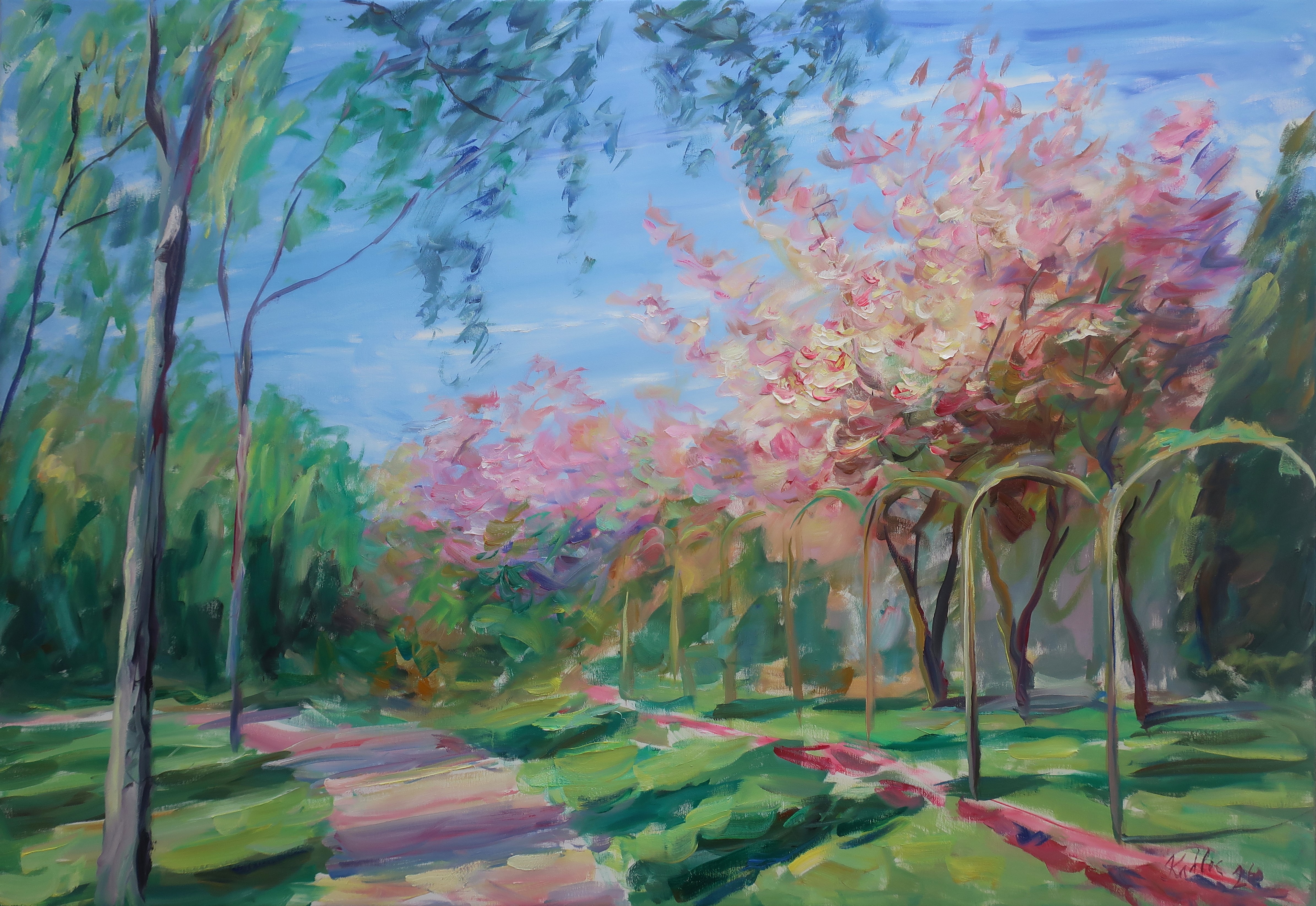Blossoming trees in the park (90x130 cm)