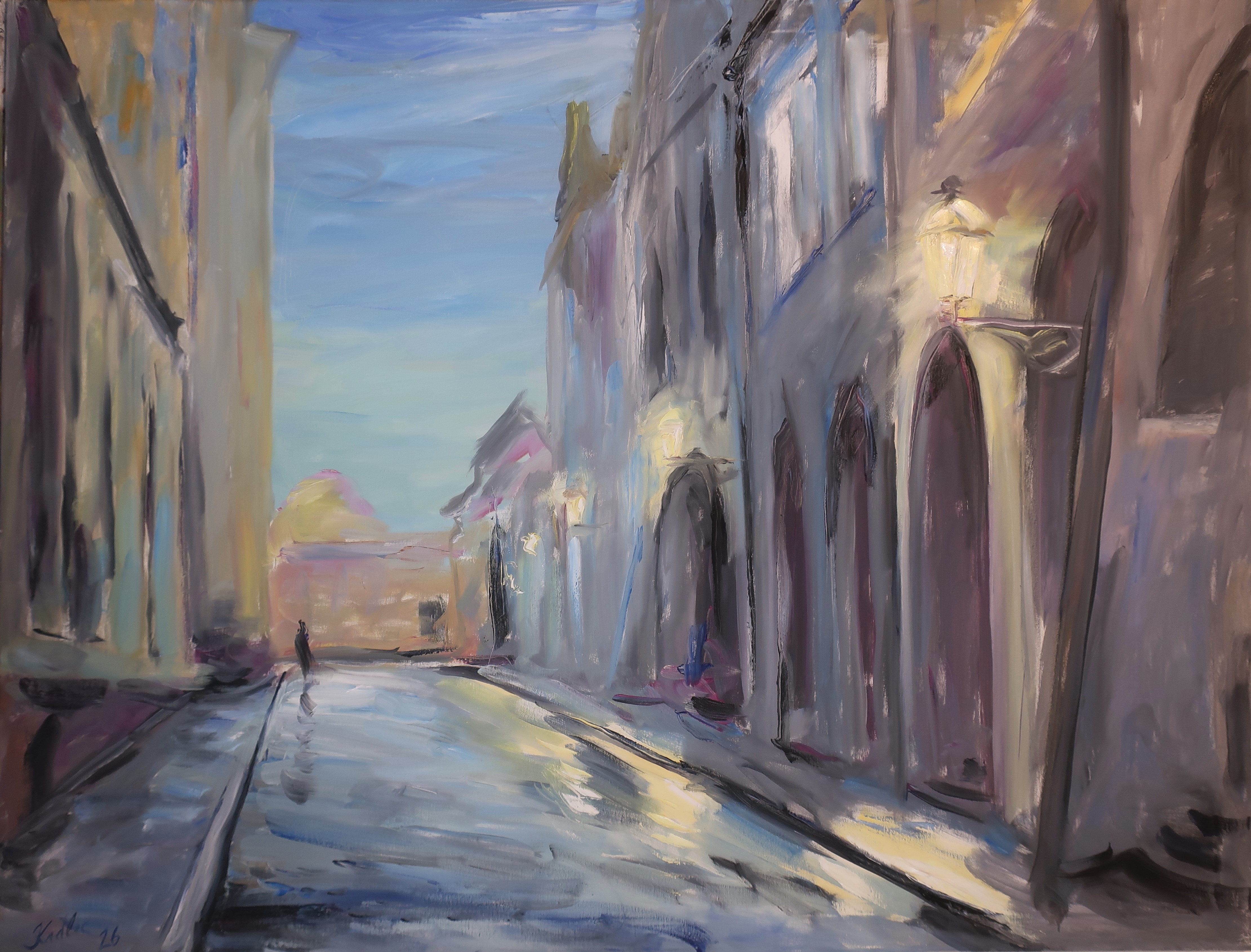 Ranní nálada v ulici s lucernami (100x130 cm)