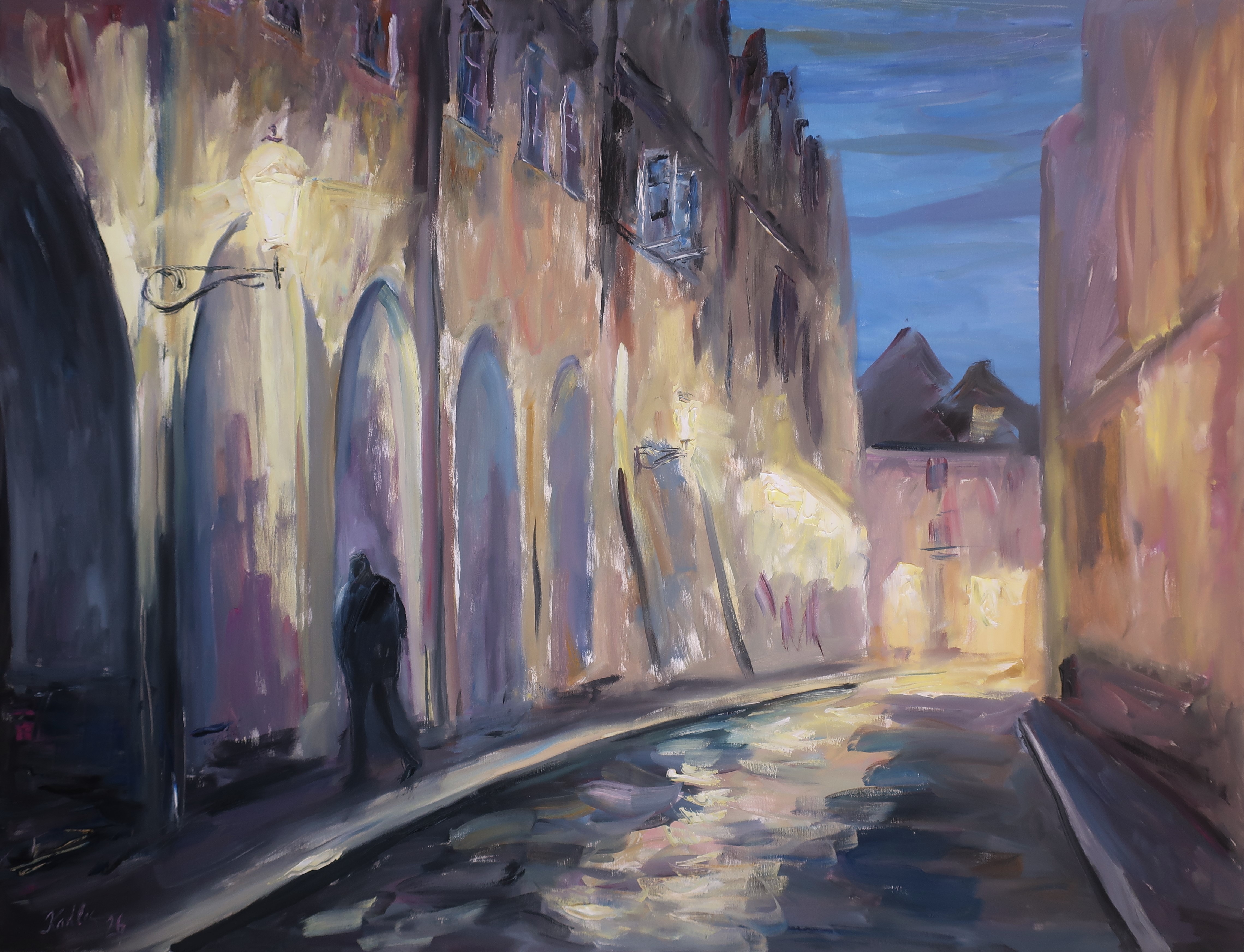 Večerní nálada v ulici s lucernami (100x130 cm)